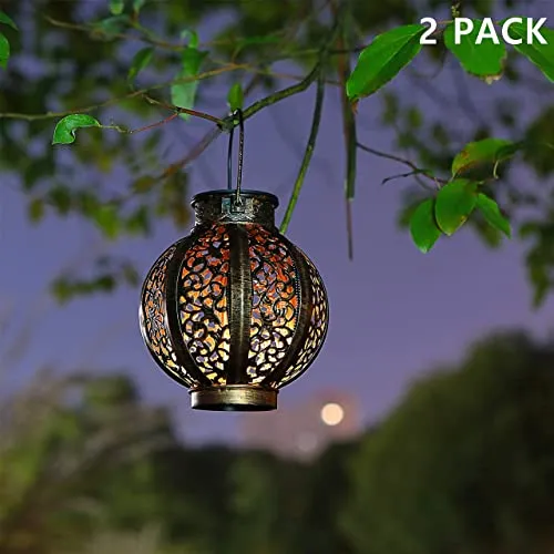 2 Pack Hanging Solar Lights,Outdoor Ramadan Solar Lanterns Decorations,Waterproof Hanging Solar Light 6 Lumens,Brown