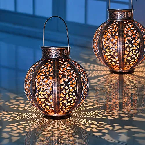 2 Pack Hanging Solar Lights,Outdoor Ramadan Solar Lanterns Decorations,Waterproof Hanging Solar Light 6 Lumens,Brown