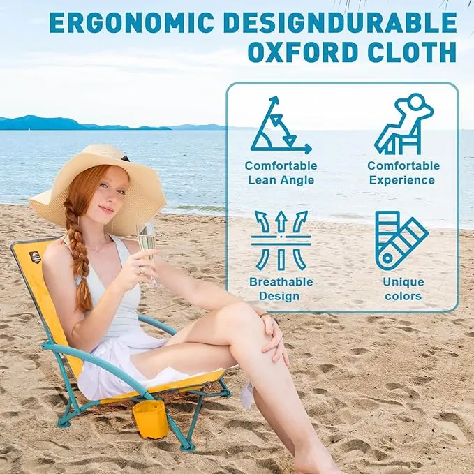 2 Pack Low Beach Chair,Folding Recliner Camping Chair for Adults,Lightweight Backpacking Low Seat Camping Chairs with Cup Holder, Carry Bag for Outdoor Camp Lawn Picnic Festival,Yellow