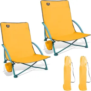 2 Pack Low Beach Chair,Folding Recliner Camping Chair for Adults,Lightweight Backpacking Low Seat Camping Chairs with Cup Holder, Carry Bag for Outdoor Camp Lawn Picnic Festival,Yellow