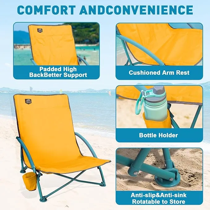 2 Pack Low Beach Chair,Folding Recliner Camping Chair for Adults,Lightweight Backpacking Low Seat Camping Chairs with Cup Holder, Carry Bag for Outdoor Camp Lawn Picnic Festival,Yellow