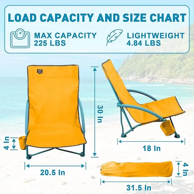 2 Pack Low Beach Chair,Folding Recliner Camping Chair for Adults,Lightweight Backpacking Low Seat Camping Chairs with Cup Holder, Carry Bag for Outdoor Camp Lawn Picnic Festival,Yellow