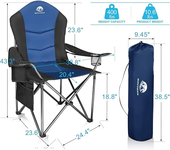 2 Pack Oversized Camping Chair with Lumbar Support, Outdoor Heavy Duty Folding Camp Arm Chair with Cooler Bag,Head and Side Pocket (2, Black&Blue, XL)