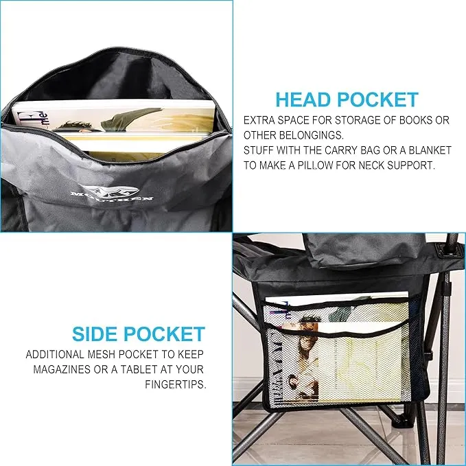 2 Pack Oversized Camping Chair with Lumbar Support, Outdoor Heavy Duty Folding Camp Arm Chair with Cooler Bag,Head and Side Pocket (2, Black&Blue, XL)