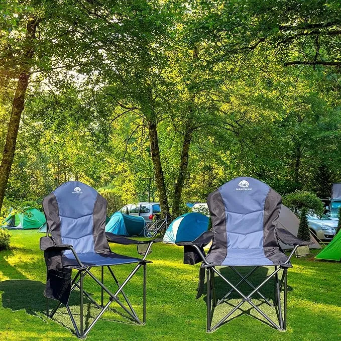 2 Pack Oversized Camping Chair with Lumbar Support, Outdoor Heavy Duty Folding Camp Arm Chair with Cooler Bag,Head and Side Pocket (2, Black&Blue, XL)