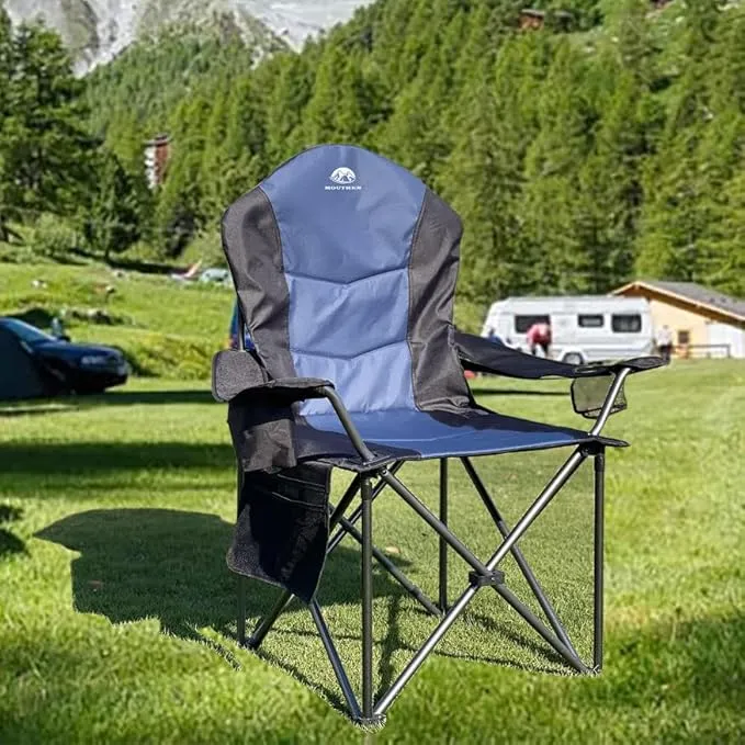 2 Pack Oversized Camping Chair with Lumbar Support, Outdoor Heavy Duty Folding Camp Arm Chair with Cooler Bag,Head and Side Pocket (2, Black&Blue, XL)