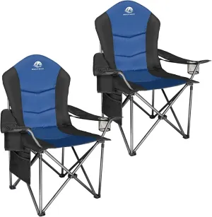 2 Pack Oversized Camping Chair with Lumbar Support, Outdoor Heavy Duty Folding Camp Arm Chair with Cooler Bag,Head and Side Pocket (2, Black&Blue, XL)