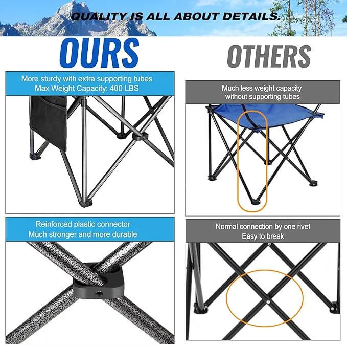 2 Pack Oversized Camping Chair with Lumbar Support, Outdoor Heavy Duty Folding Camp Arm Chair with Cooler Bag,Head and Side Pocket (2, Black&Red, XL)