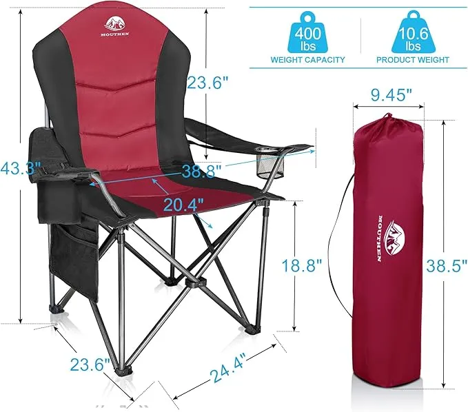 2 Pack Oversized Camping Chair with Lumbar Support, Outdoor Heavy Duty Folding Camp Arm Chair with Cooler Bag,Head and Side Pocket (2, Black&Red, XL)