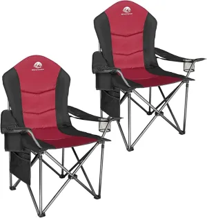 2 Pack Oversized Camping Chair with Lumbar Support, Outdoor Heavy Duty Folding Camp Arm Chair with Cooler Bag,Head and Side Pocket (2, Black&Red, XL)