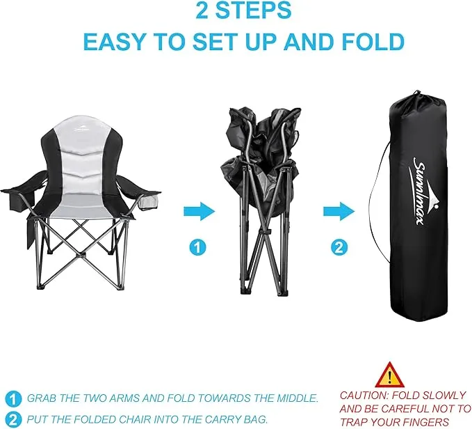 2 Pack Oversized Fully Padded Camping Chair, Oversized Heavy Duty Lawn Chair with Cooler Bag,Side Pocket,Cup Holder Support 400 lbs (Black & Grey, Twin Pack)