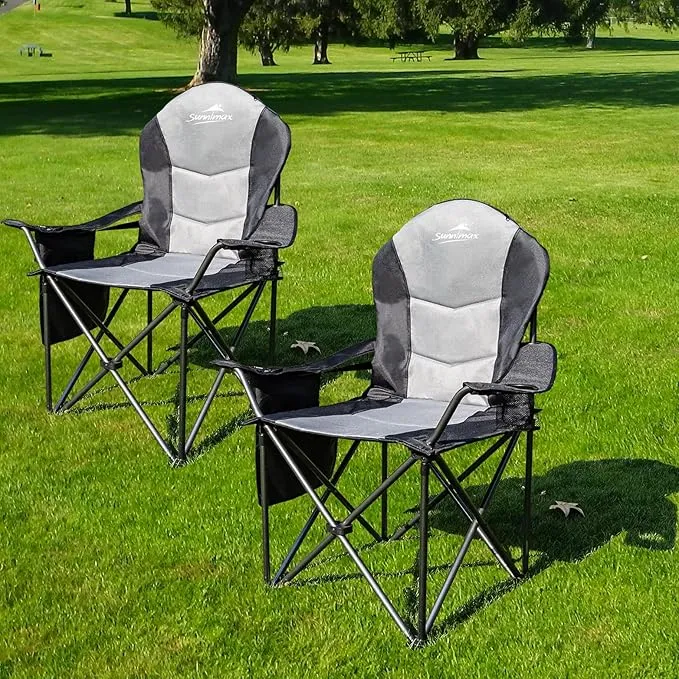 2 Pack Oversized Fully Padded Camping Chair, Oversized Heavy Duty Lawn Chair with Cooler Bag,Side Pocket,Cup Holder Support 400 lbs (Black & Grey, Twin Pack)