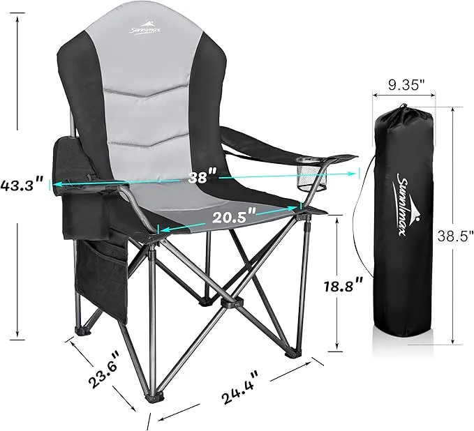 2 Pack Oversized Fully Padded Camping Chair, Oversized Heavy Duty Lawn Chair with Cooler Bag,Side Pocket,Cup Holder Support 400 lbs (Black & Grey, Twin Pack)
