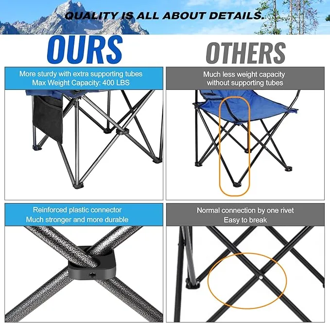2 Pack Oversized Fully Padded Camping Chair, Oversized Heavy Duty Lawn Chair with Cooler Bag,Side Pocket,Cup Holder Support 400 lbs (Black & Grey, Twin Pack)