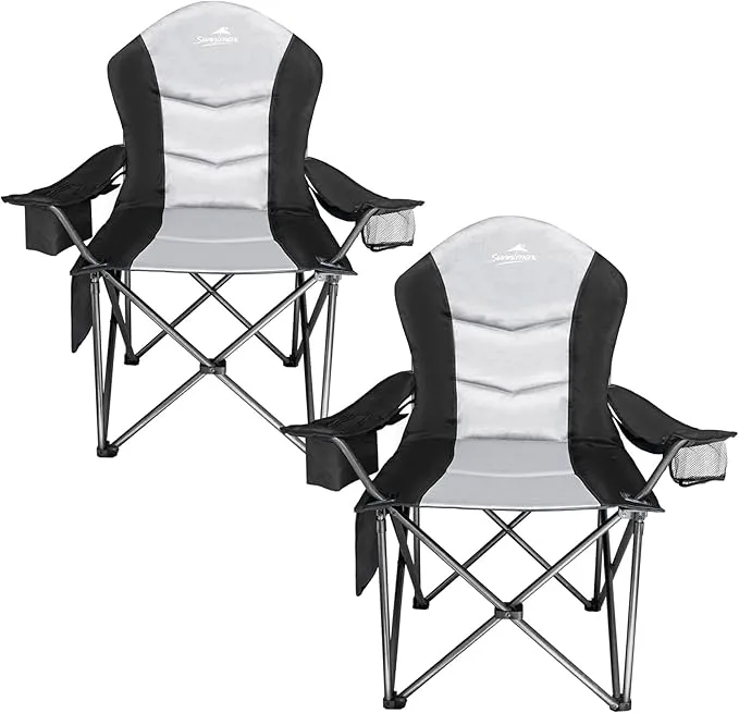 2 Pack Oversized Fully Padded Camping Chair, Oversized Heavy Duty Lawn Chair with Cooler Bag,Side Pocket,Cup Holder Support 400 lbs (Black & Grey, Twin Pack)
