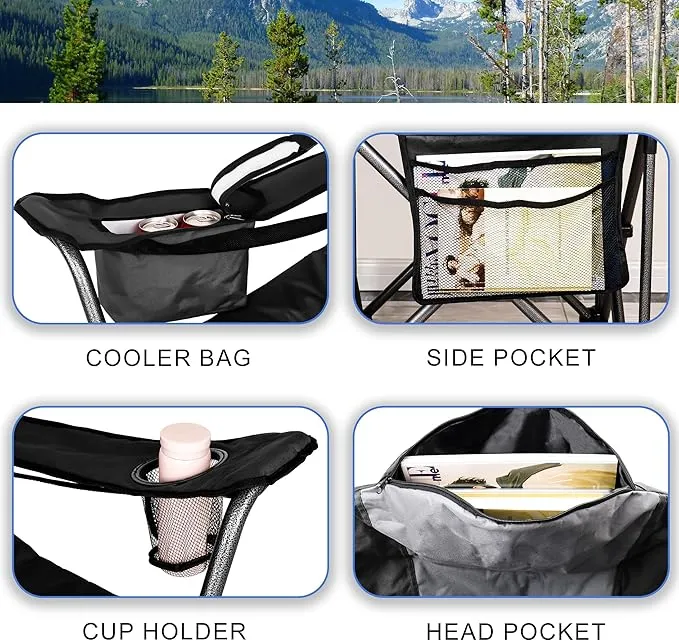 2 Pack Oversized Fully Padded Camping Chair, Oversized Heavy Duty Lawn Chair with Cooler Bag,Side Pocket,Cup Holder Support 400 lbs (Black & Grey, Twin Pack)