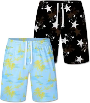 2/3/4 Pack Men's Beach Shorts Casual 9" Inseam Elastic Waist Drawstring Quick Dry Board Shorts with Pockets