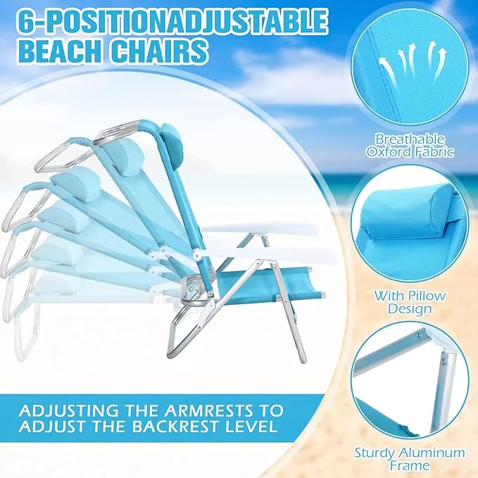 4 Pack Beach Chair for Adults Portable Camping Chair, Heavy Duty Beach Chair with 6 Adjustable Position Folding Lawn Chairs Outdoor Reclining Chairs for Sunbathing Travelling(Lake Blue)