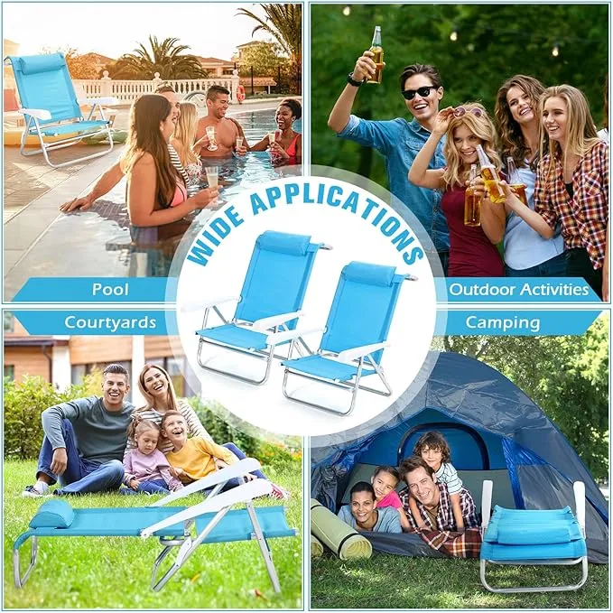 4 Pack Beach Chair for Adults Portable Camping Chair, Heavy Duty Beach Chair with 6 Adjustable Position Folding Lawn Chairs Outdoor Reclining Chairs for Sunbathing Travelling(Lake Blue)