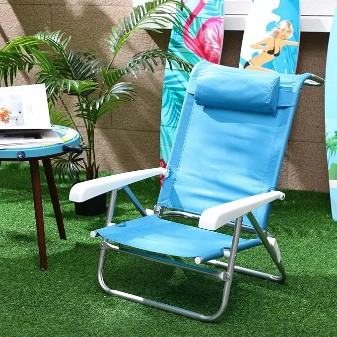 4 Pack Beach Chair for Adults Portable Camping Chair, Heavy Duty Beach Chair with 6 Adjustable Position Folding Lawn Chairs Outdoor Reclining Chairs for Sunbathing Travelling(Lake Blue)