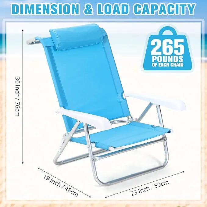 4 Pack Beach Chair for Adults Portable Camping Chair, Heavy Duty Beach Chair with 6 Adjustable Position Folding Lawn Chairs Outdoor Reclining Chairs for Sunbathing Travelling(Lake Blue)