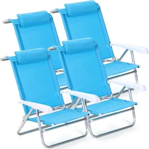 4 Pack Beach Chair for Adults Portable Camping Chair, Heavy Duty Beach Chair with 6 Adjustable Position Folding Lawn Chairs Outdoor Reclining Chairs for Sunbathing Travelling(Lake Blue)