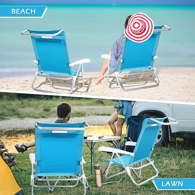 4 Pack Beach Chair for Adults Portable Camping Chair, Heavy Duty Beach Chair with 6 Adjustable Position Folding Lawn Chairs Outdoor Reclining Chairs for Sunbathing Travelling(Lake Blue)