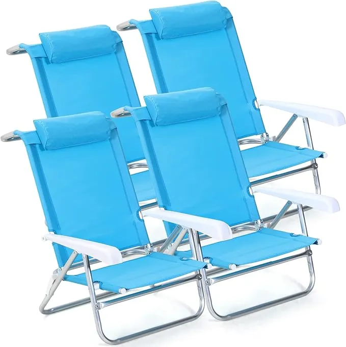 4 Pack Beach Chair for Adults Portable Camping Chair, Heavy Duty Beach Chair with 6 Adjustable Position Folding Lawn Chairs Outdoor Reclining Chairs for Sunbathing Travelling(Lake Blue)