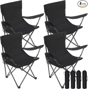 4 Pack Folding Camping Chairs with Carrying Bag Portable Lawn Chairs Lightweight Beach Chairs Outdoor Collapsible Chair with Mesh Cup Holder for Travel Outside Camp Beach Fishing Sports (Black)