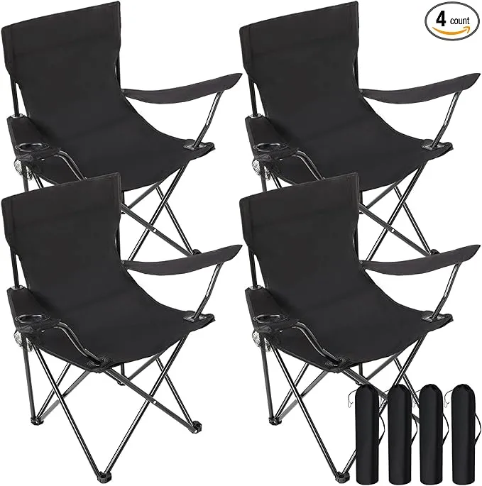 4 Pack Folding Camping Chairs with Carrying Bag Portable Lawn Chairs Lightweight Beach Chairs Outdoor Collapsible Chair with Mesh Cup Holder for Travel Outside Camp Beach Fishing Sports (Black)