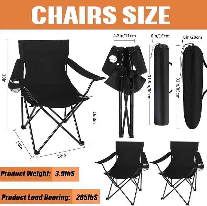 5 Pcs Summer Portable Camping Chair and Folding Camping Table Set Outdoor Oxford Fabric Folding Chair Lawn Portable Camp Chairs with Cup Holder Carry Bag for Travel Beach Fishing Sport (Black)