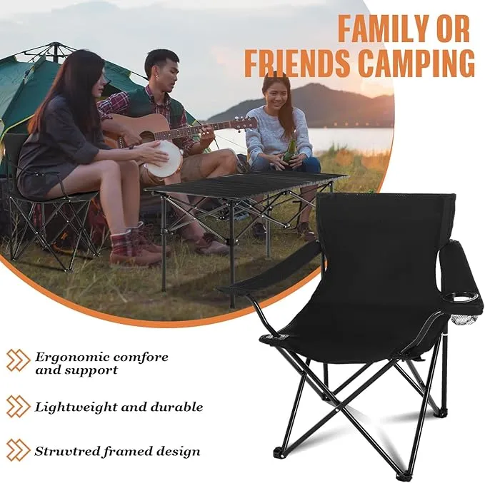 5 Pcs Summer Portable Camping Chair and Folding Camping Table Set Outdoor Oxford Fabric Folding Chair Lawn Portable Camp Chairs with Cup Holder Carry Bag for Travel Beach Fishing Sport (Black)