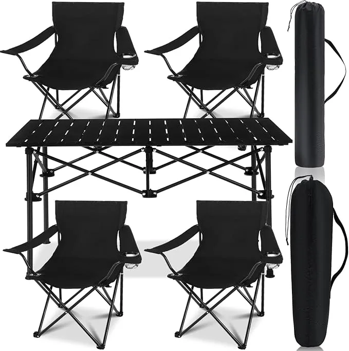 5 Pcs Summer Portable Camping Chair and Folding Camping Table Set Outdoor Oxford Fabric Folding Chair Lawn Portable Camp Chairs with Cup Holder Carry Bag for Travel Beach Fishing Sport (Black)