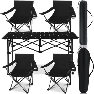 5 Pcs Summer Portable Camping Chair and Folding Camping Table Set Outdoor Oxford Fabric Folding Chair Lawn Portable Camp Chairs with Cup Holder Carry Bag for Travel Beach Fishing Sport (Black)