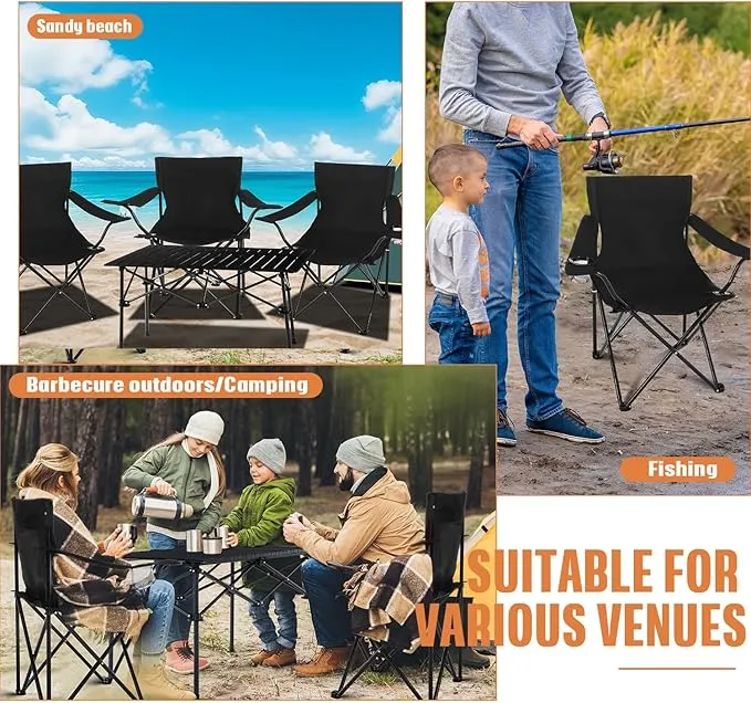 5 Pcs Summer Portable Camping Chair and Folding Camping Table Set Outdoor Oxford Fabric Folding Chair Lawn Portable Camp Chairs with Cup Holder Carry Bag for Travel Beach Fishing Sport (Black)