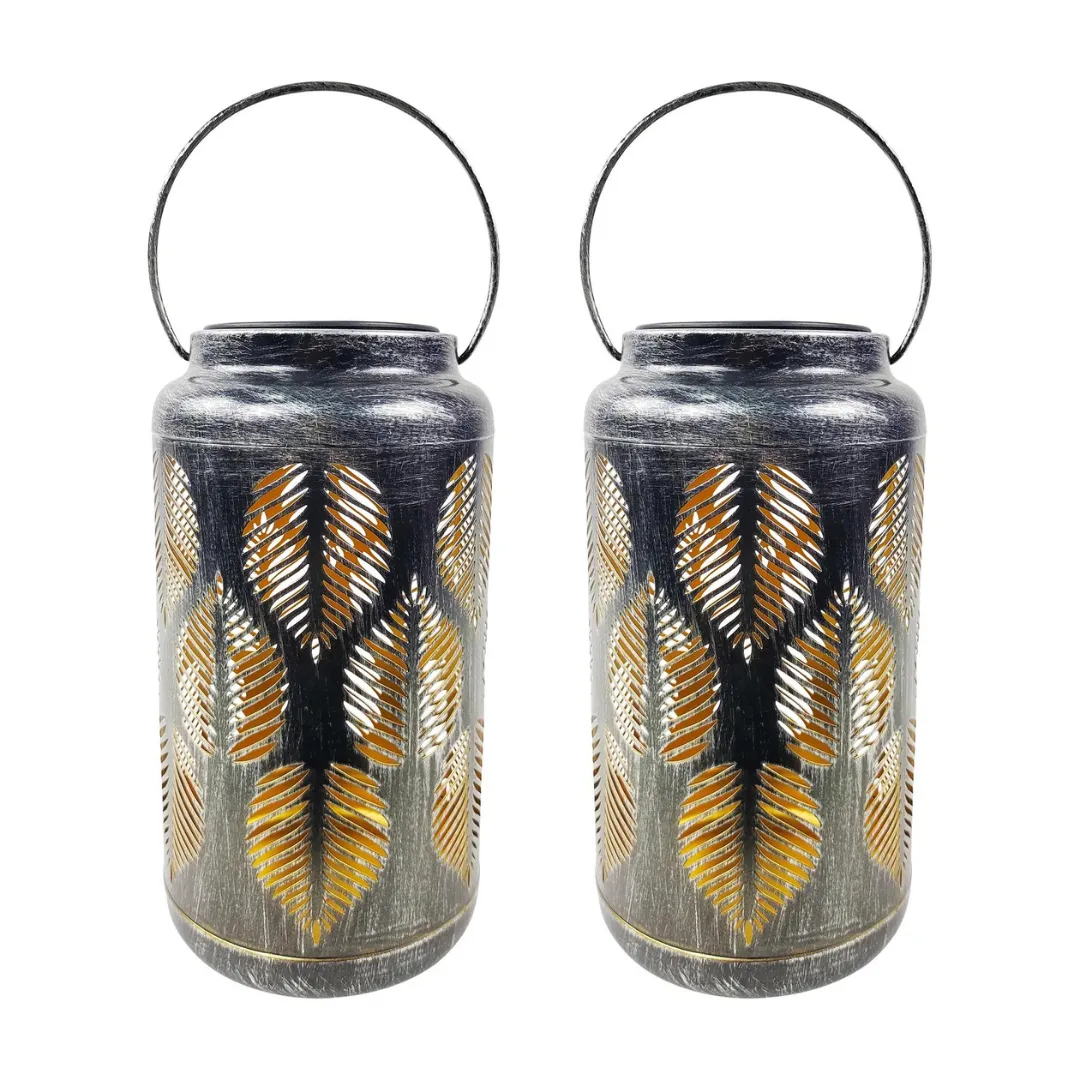 Bliss 9" Tall Decorative Solar LED Lantern Lights 2-Pack - Tropical Leaf