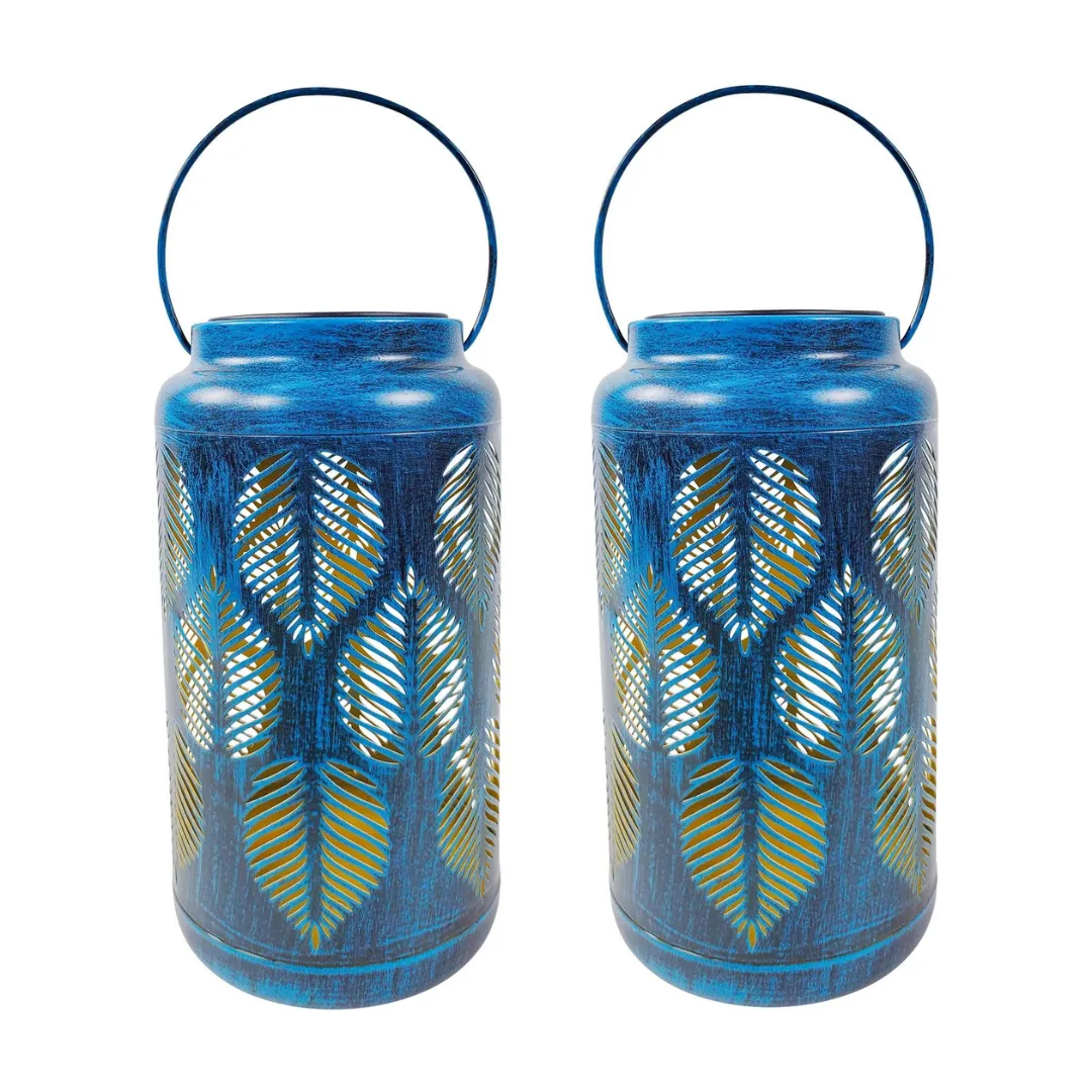 Bliss 9" Tall Decorative Solar LED Lantern Lights 2-Pack - Tropical Leaf
