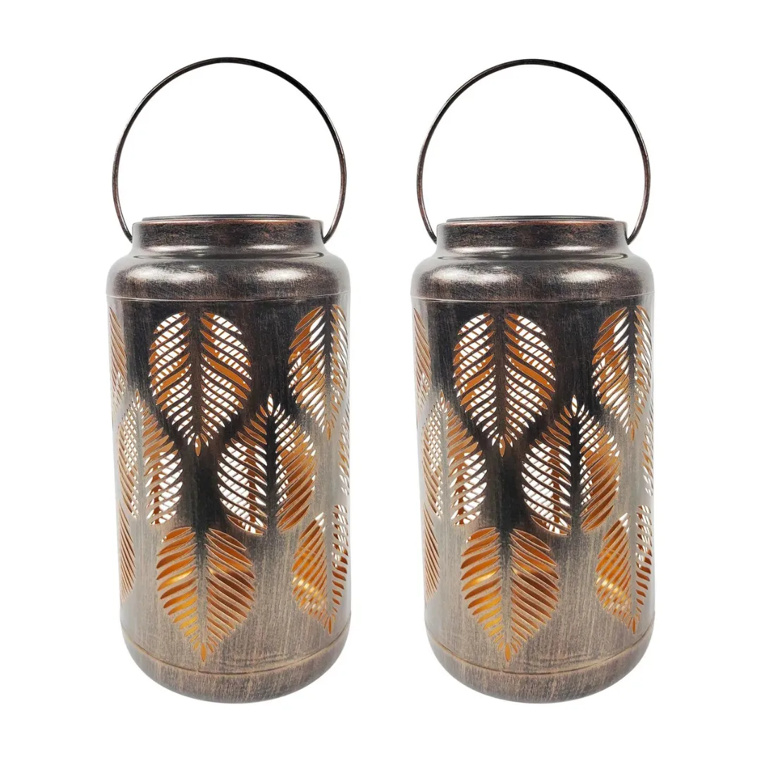 Bliss 9" Tall Decorative Solar LED Lantern Lights 2-Pack - Tropical Leaf