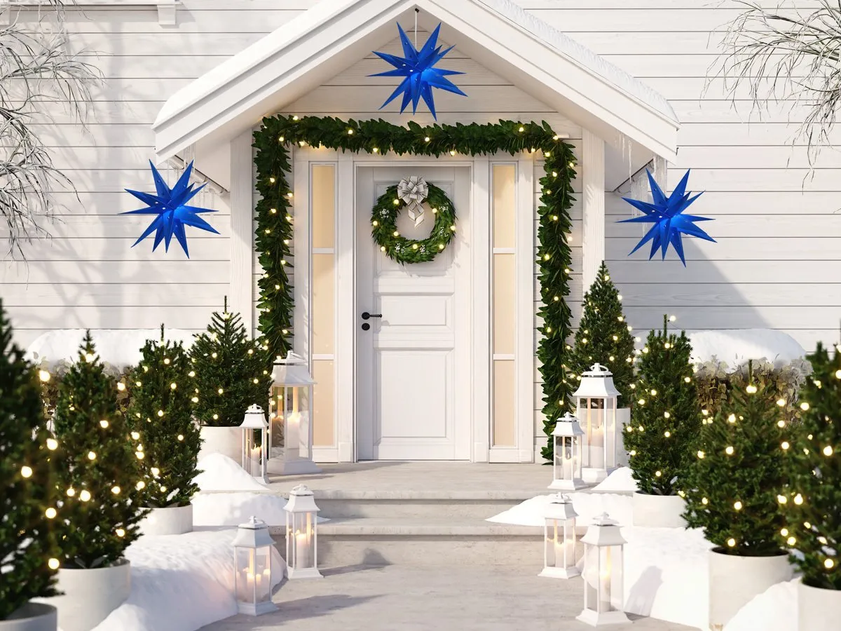 BLOWOUT LANTERN   CORD   BULB | 18" Dark Blue Moravian Weatherproof Star Lantern Light Lamp, Hanging Decoration