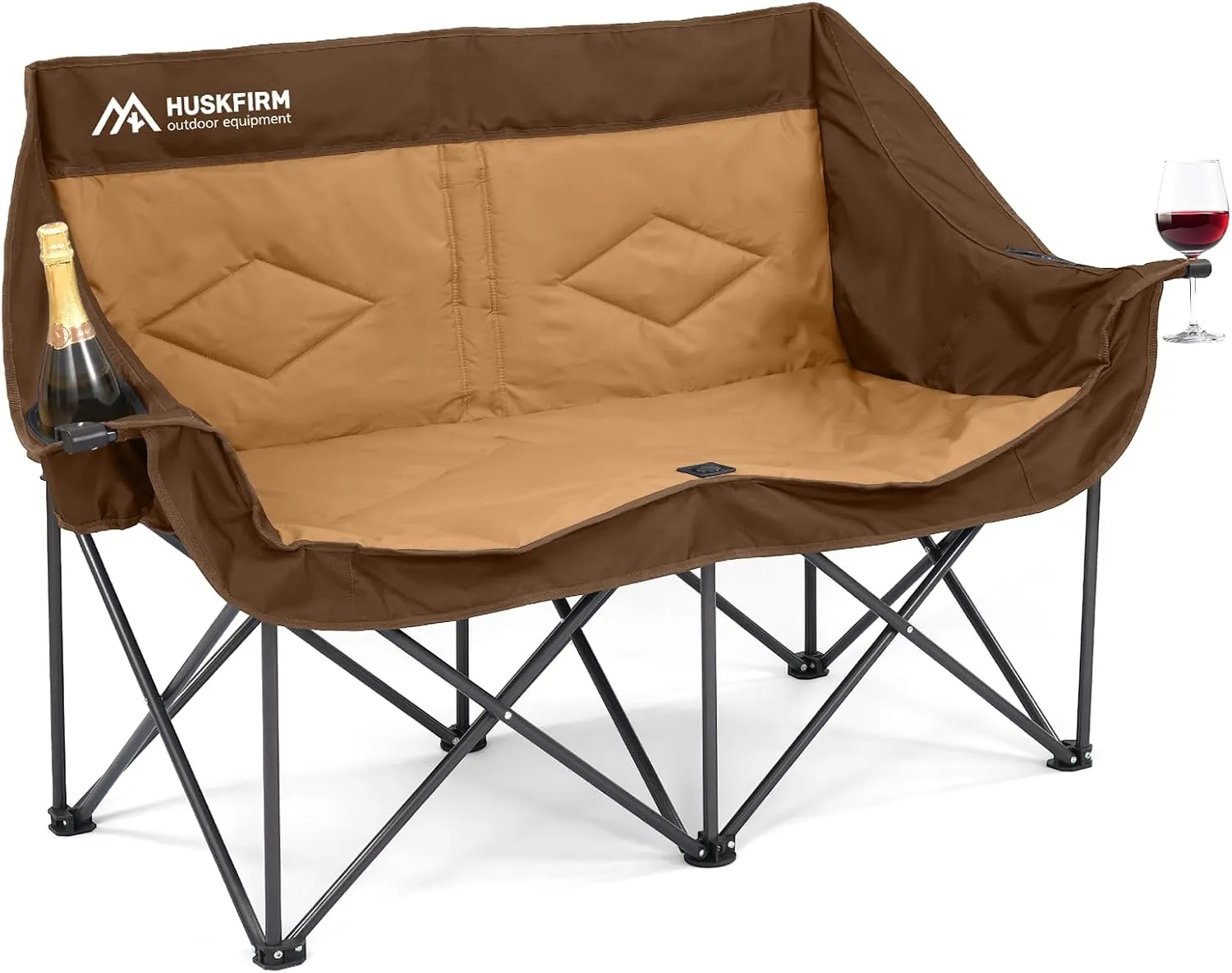 Double Camping Chairs for Adults Oversized Loveseat - 2 Person Camping Chair Heavy Duty Outdoor Camping Couch with Cup Holders - Portable Folding Chair for Outside Lawn, Brown