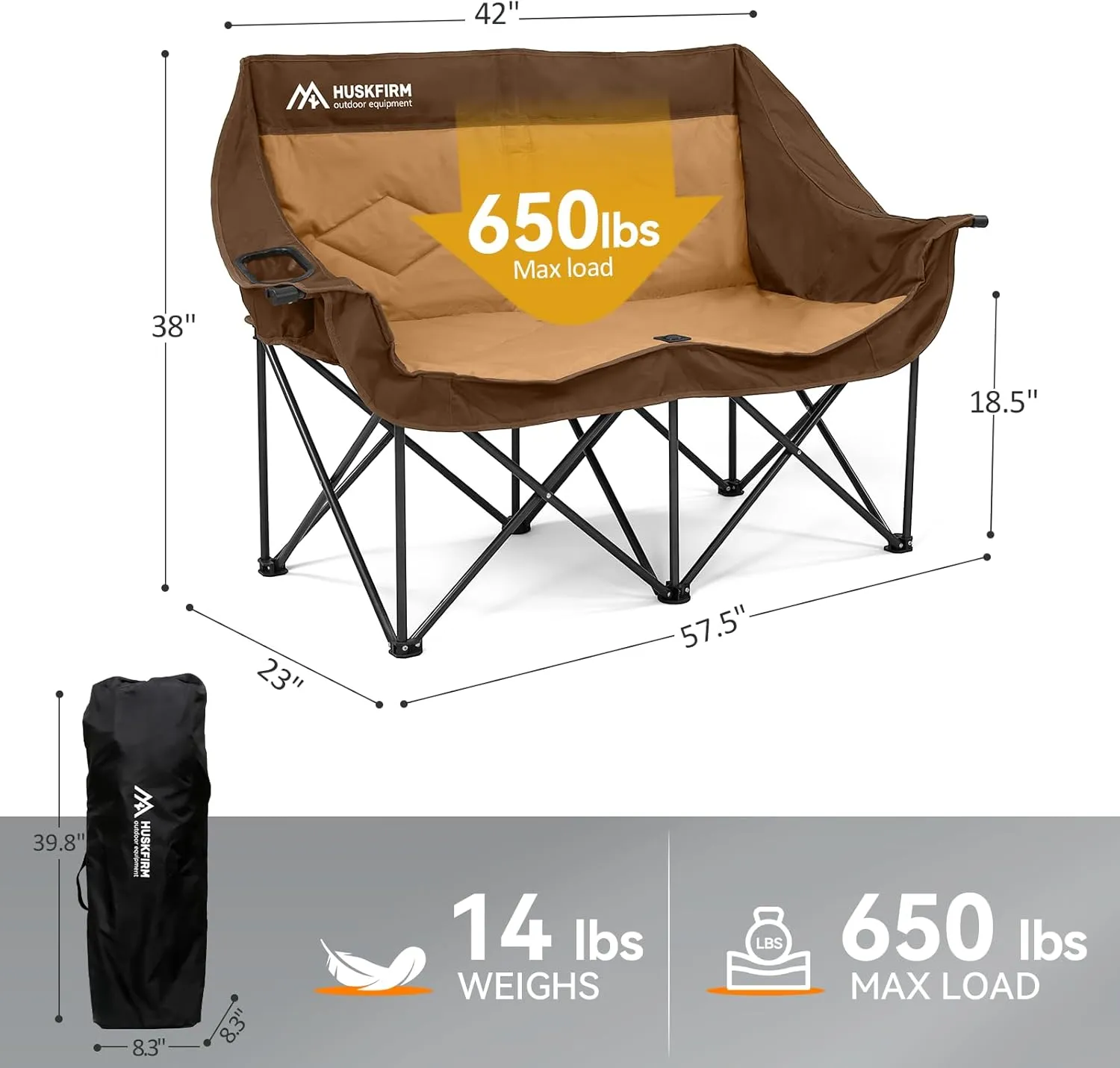 Double Camping Chairs for Adults Oversized Loveseat - 2 Person Camping Chair Heavy Duty Outdoor Camping Couch with Cup Holders - Portable Folding Chair for Outside Lawn, Brown