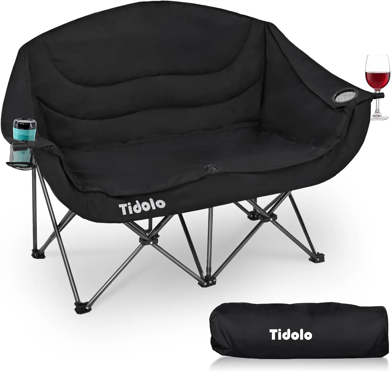 Double Camping Chairs, Oversized Loveseat Camping Chairs for Adults, Outdoor Folding Chairs Lawn Chairs Camping Couch with Cup Holder & Wine Glass Holder for Outside - Support 600Lbs (Black)