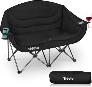 Double Camping Chairs, Oversized Loveseat Camping Chairs for Adults, Outdoor Folding Chairs Lawn Chairs Camping Couch with Cup Holder & Wine Glass Holder for Outside - Support 600Lbs (Black)