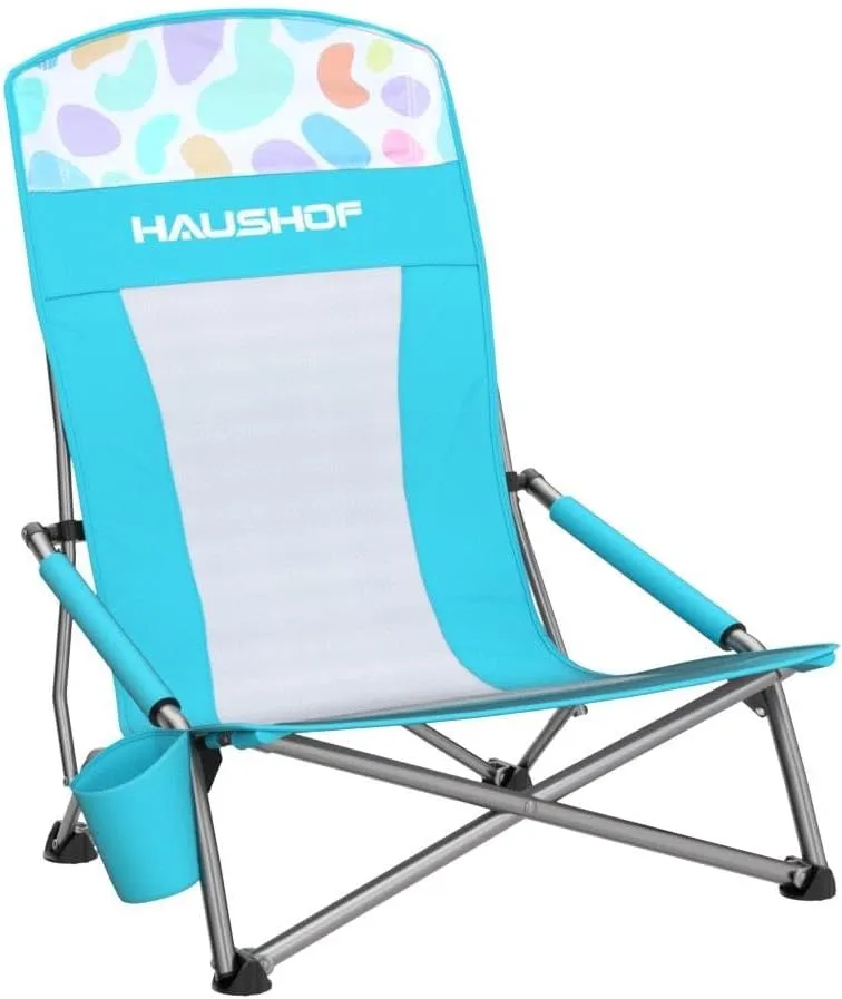 HAUSHOF High Back Beach Chair, Mesh Back Folding Chair, Lightweight Low Seat Camping Chairs with Cup Holder, Carry Bag, Padded Armrest for Outdoor Beach Lawn Camping Picnic Festival