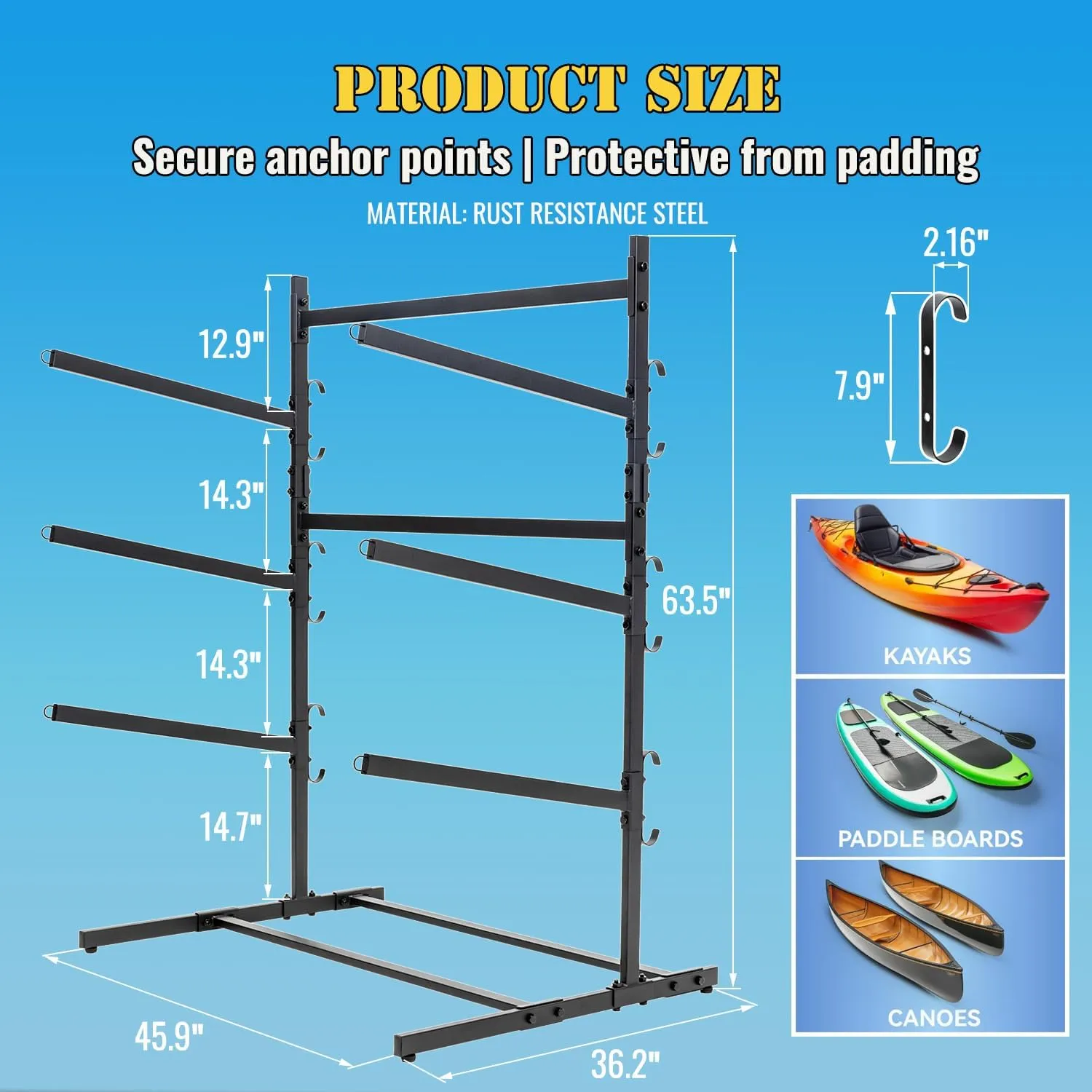 Kayak Storage Rack, Heavy Duty Kayak Racks for Garage and Outdoor Storage, Storage Rack for Kayak, Canoe, Surfboard & Paddleboard.