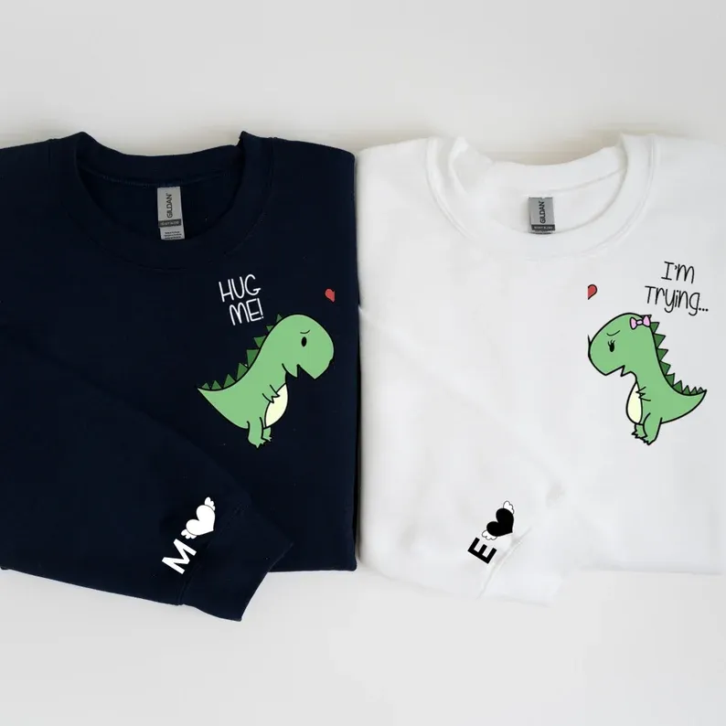 Matching Couple Hoodies - "Hug Me" Dinosaur Custom Embroidered Couples Matching Hoodies