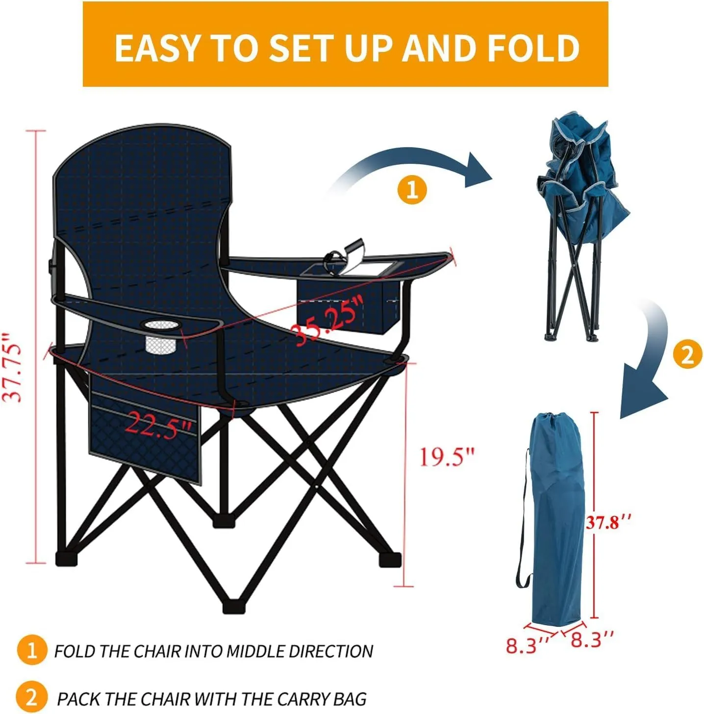 Oversized Camping Chairs Lawn Chairs Folding Heavy Duty 400lbs High Back Padded Quad Arm Chair for Outdoor Travel with Cup Holder Cooler Bag