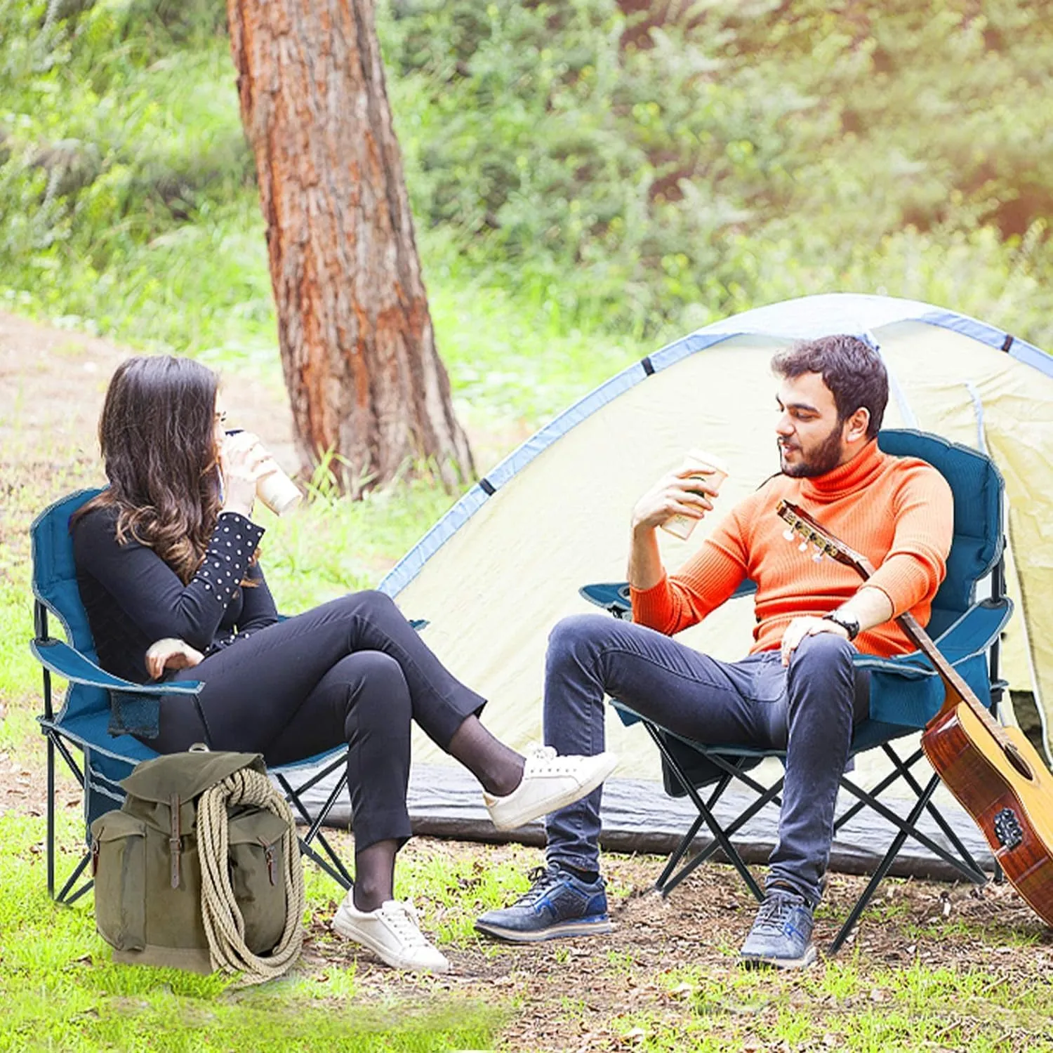 Oversized Camping Chairs Lawn Chairs Folding Heavy Duty 400lbs High Back Padded Quad Arm Chair for Outdoor Travel with Cup Holder Cooler Bag