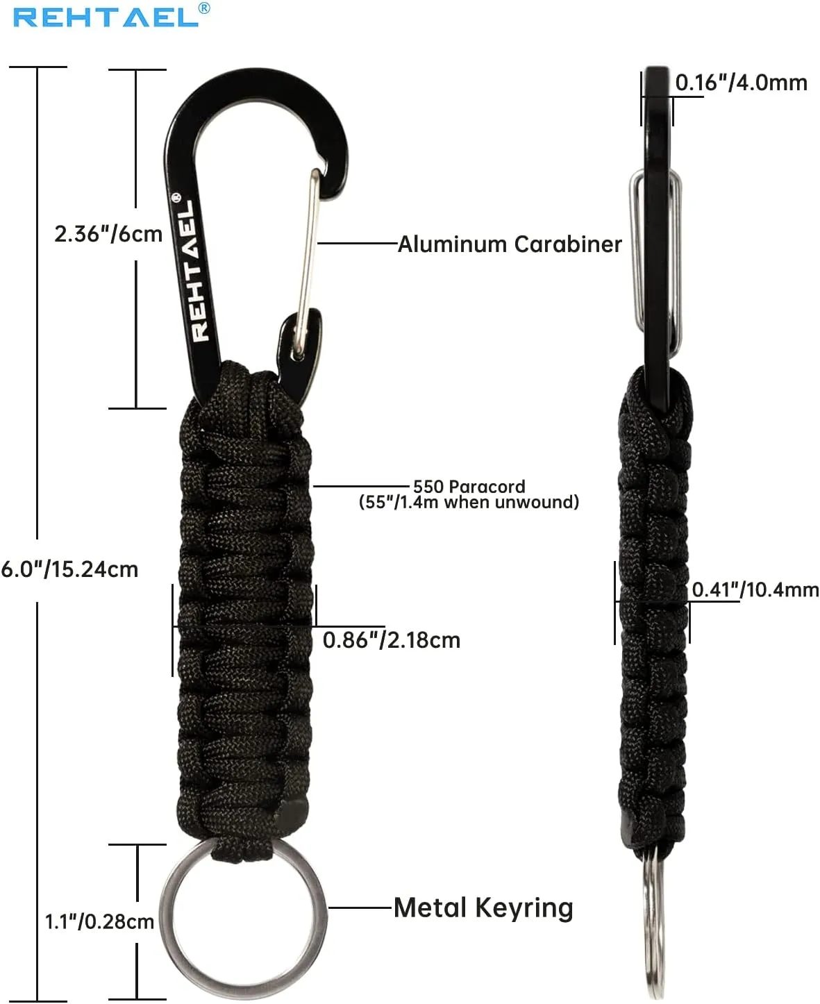 Paracord Key Chain Lanyard Carabiner Braided Keychain w/Hook Clip for Car Keys/Backpack Camping/Hiking/Fishing, 2Pcs