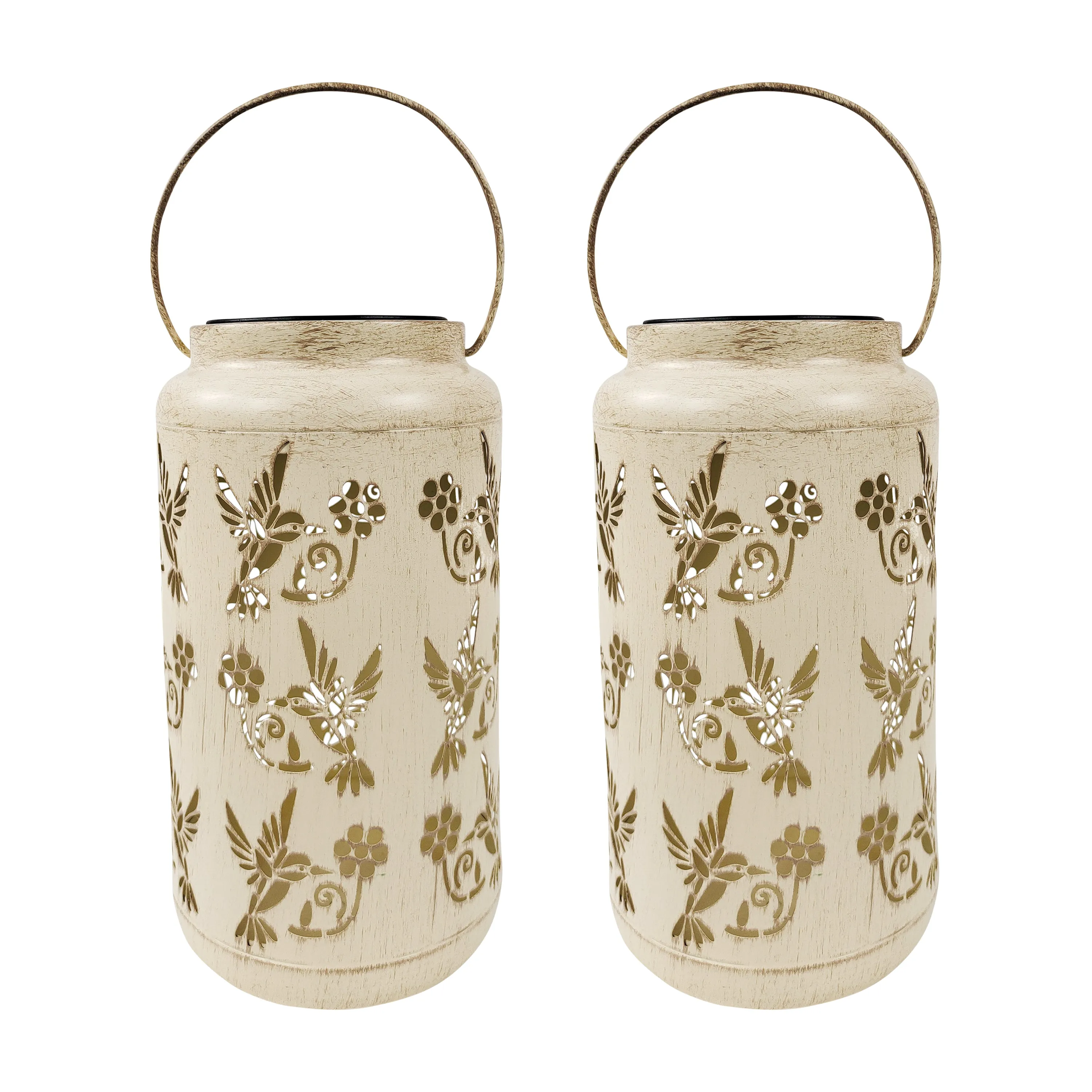 Set of 2 Solar LED Lanterns w/ Humming Bird Design & Hand Painted Finish | 9-in. Tall | Waterproof IP44